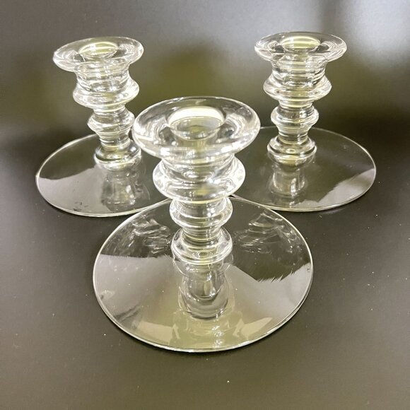 Set Of 3 Vtg Clear Pressed Glass Taper Candle Holder Mid-Century Ribbed Design - Picture 2 of 13
